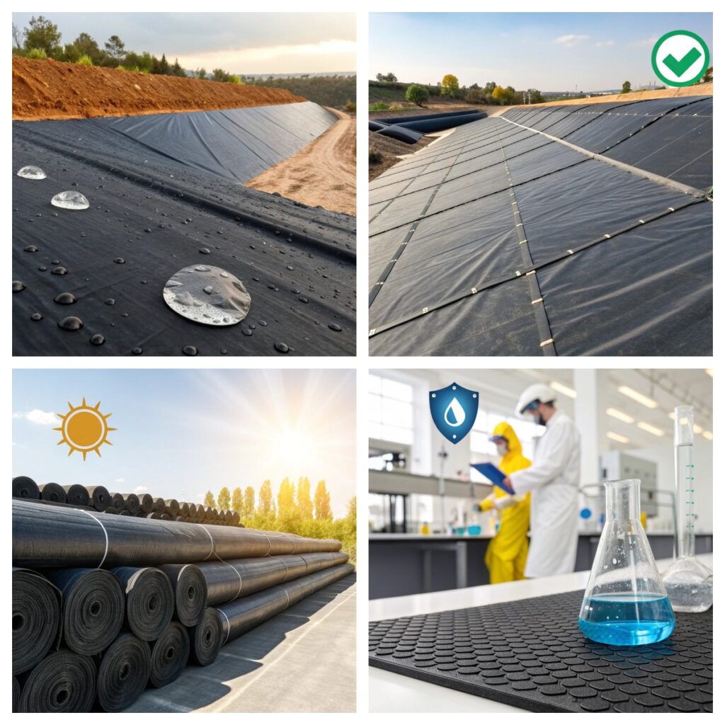 Geomembrane core properties including impermeability, durability, chemical resistance, and welding quality assurance, illustrated with product images and icons.