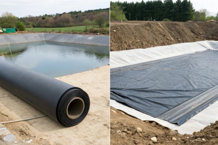 An irregular-shaped farm pond lined with flexible LLDPE geomembrane
