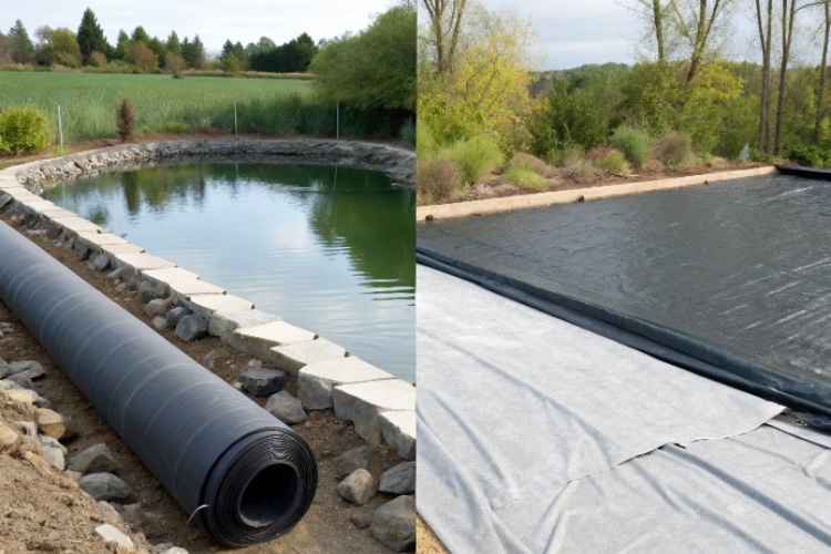 An aged but still intact HDPE liner in a large industrial reservoir under the sun