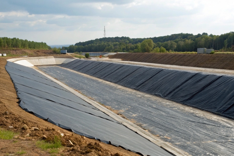 Diagram showing how flexible LLDPE conforms to subgrade vs. how rigid HDPE bridges voids