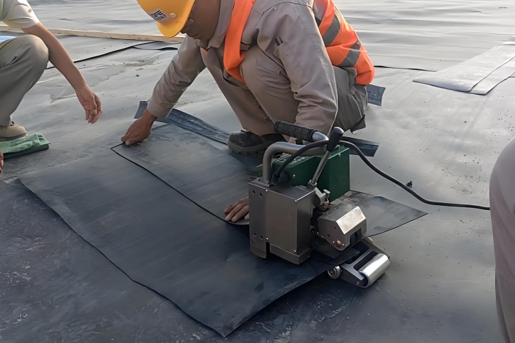 Close-up of a hot-wedge welder in action creating a double-track seam