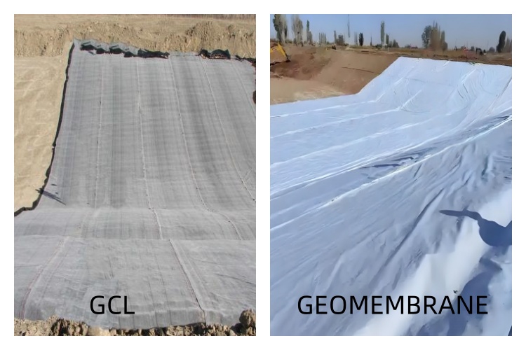 An illustration showing how the bentonite clay in a GCL swells to self-heal a small puncture