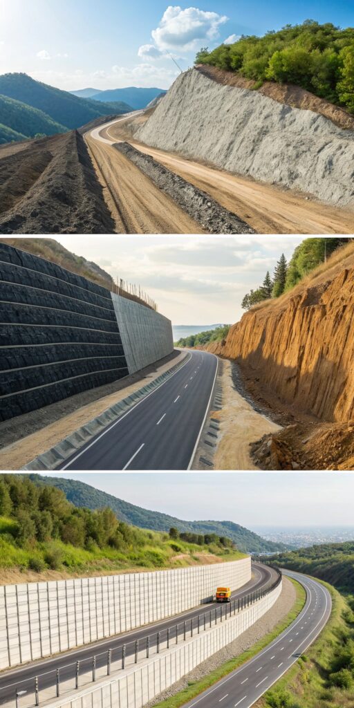 HDPE uniaxial geogrid applied in highway retaining wall, steep slope, and landfill reinforcement projects.