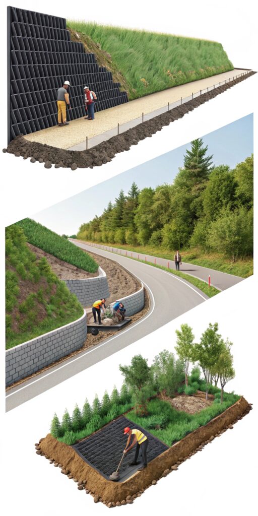 PP uniaxial geogrid used in roadside retaining wall, temporary road base, and drainage slope reinforcement.