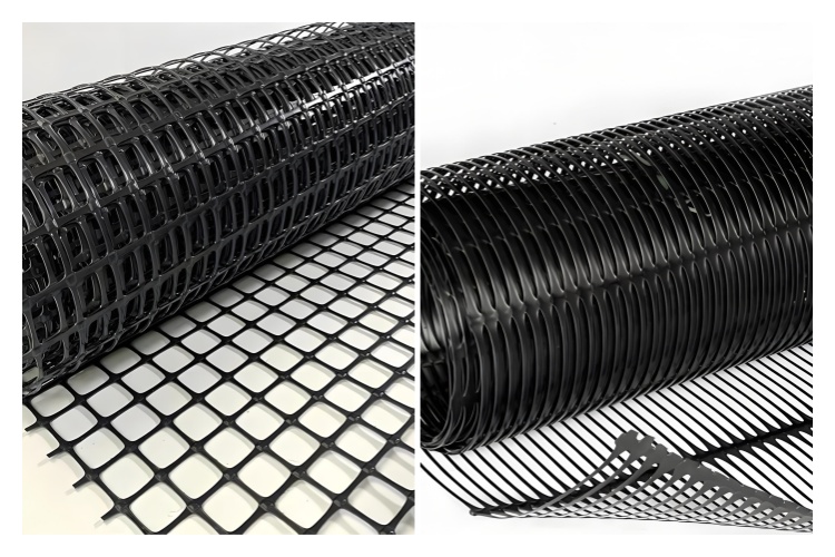 Side-by-side comparison of a roll of uniaxial geogrid and woven biaxial geogrid