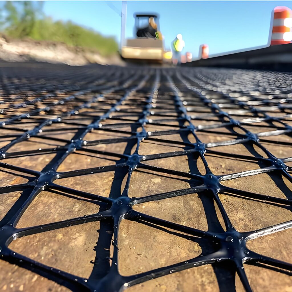 Triaxial geogrid laying
