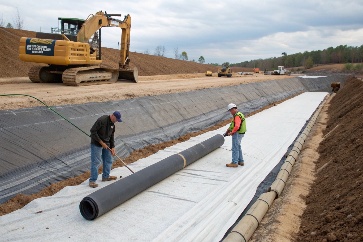 Workers installing GCL panels and applying bentonite powder to the seams