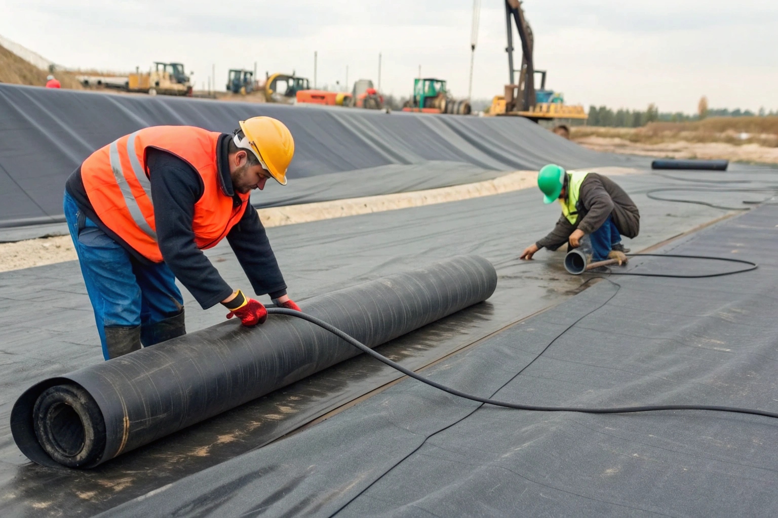 An organized layout of essential geomembrane welding tools including a welder, extrusion gun, rollers, and testing equipment
