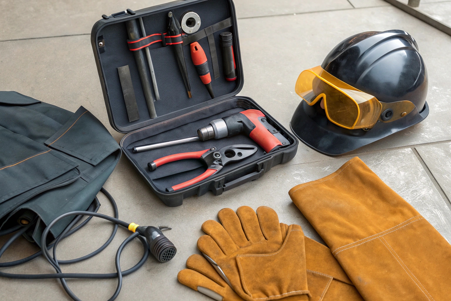 A field kit showing utility knives, pressure rollers, and a portable generator next to a geomembrane roll