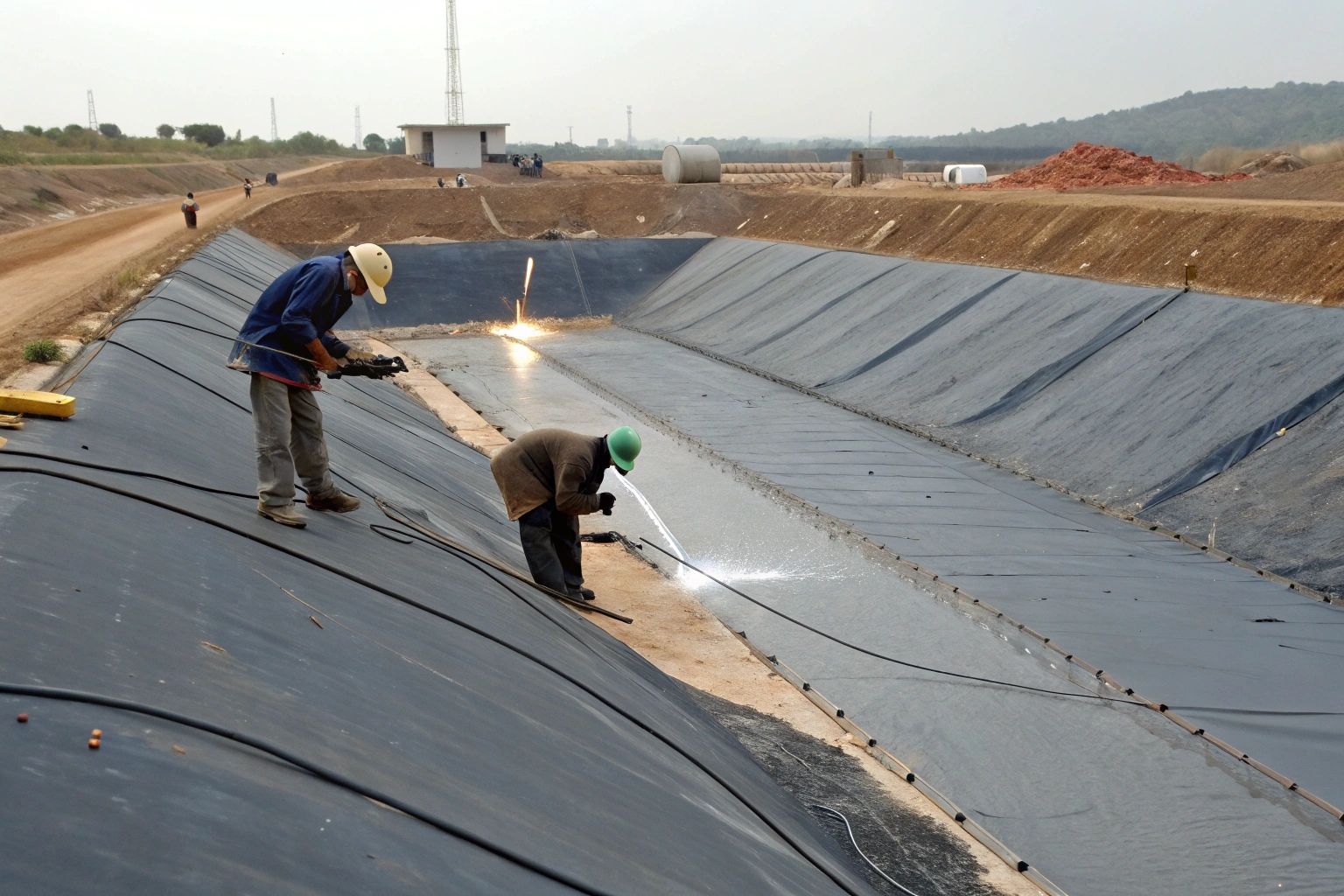 A cross-section diagram illustrating how a geomembrane liner contains water in a reservoir