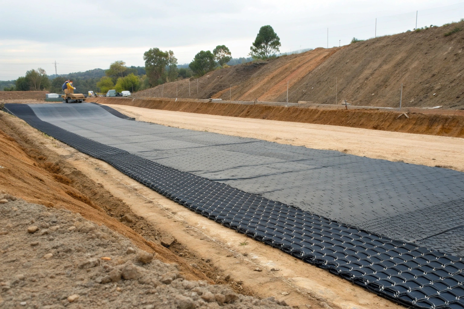 Cross-section of a landfill slope showing geogrid for stability and geomembrane for containment