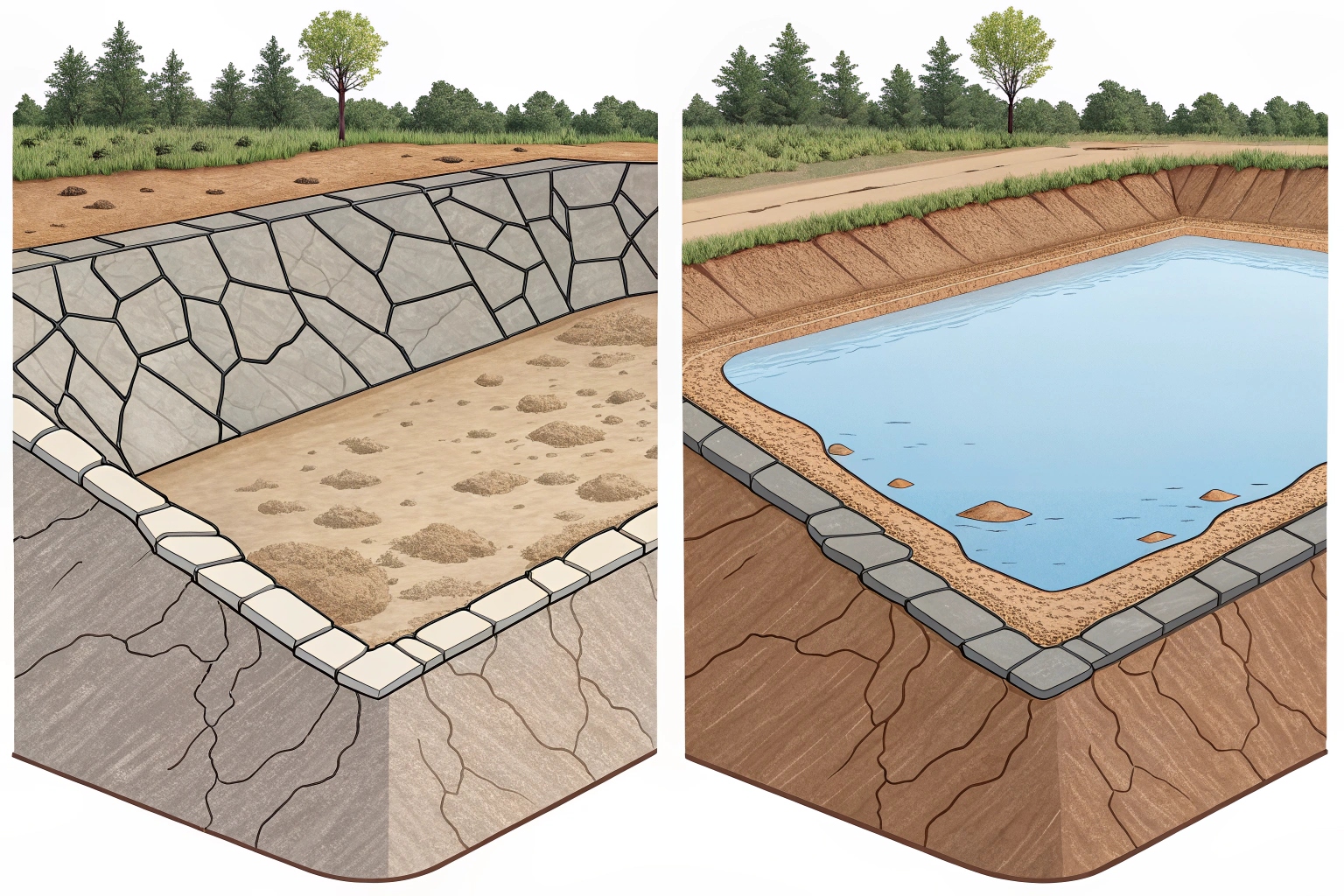 Image contrasting a punctured, under-specified geomembrane with an overly thick, expensive one