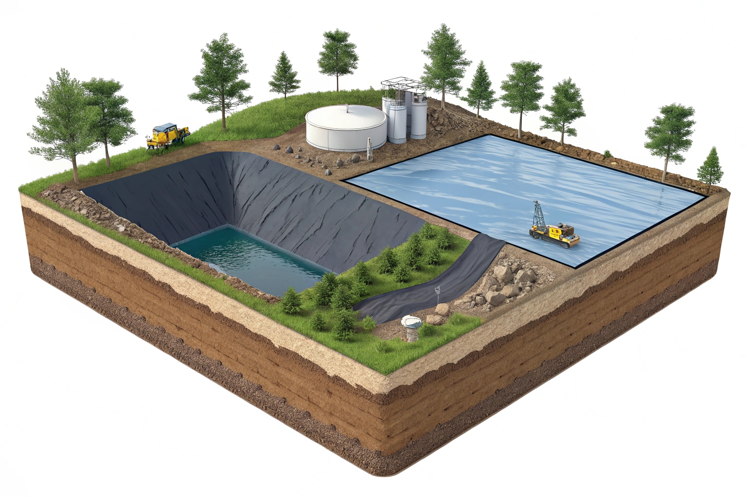 A side-by-side comparison of a roll of GCL and a roll of black HDPE geomembrane
