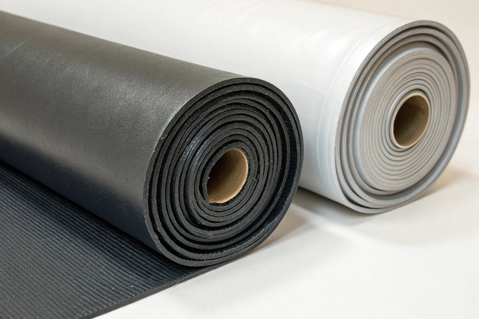 A side-by-side comparison image showing a rigid, tough sheet of HDPE next to a highly flexible sheet of PVC