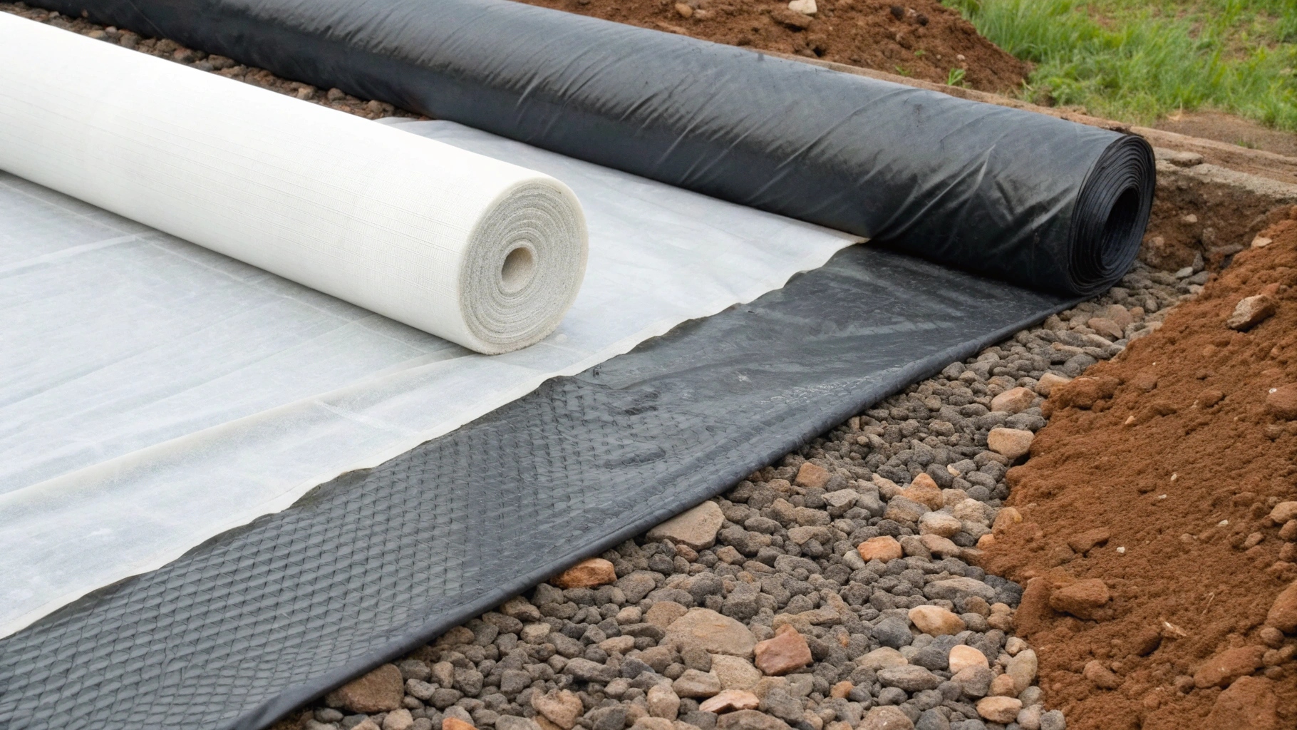 A split image showing a solid black geomembrane sheet on one side and a porous white geotextile fabric on the other