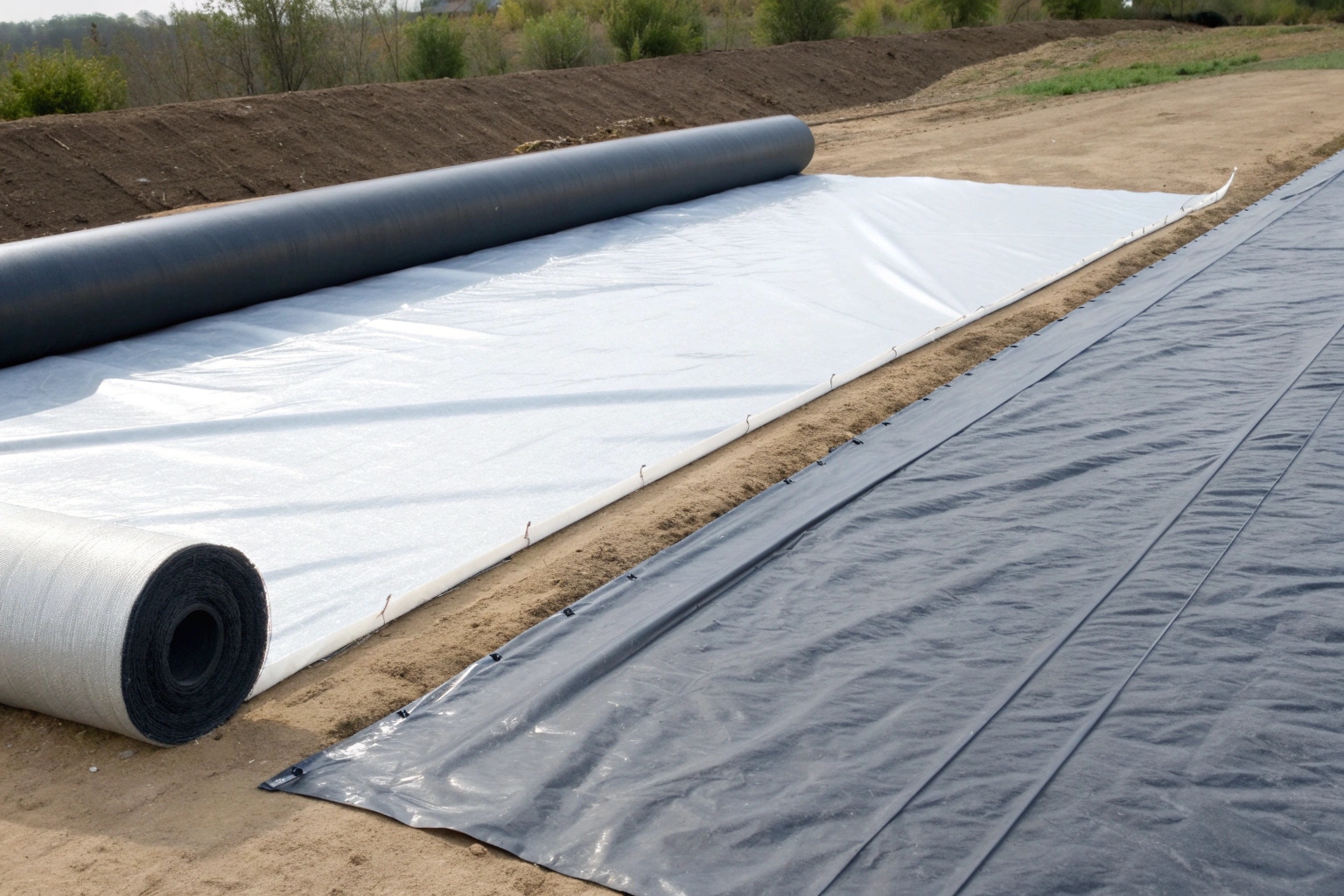 A side-by-side comparison showing a thick, engineered geomembrane roll and a lightweight, folded tarpaulin