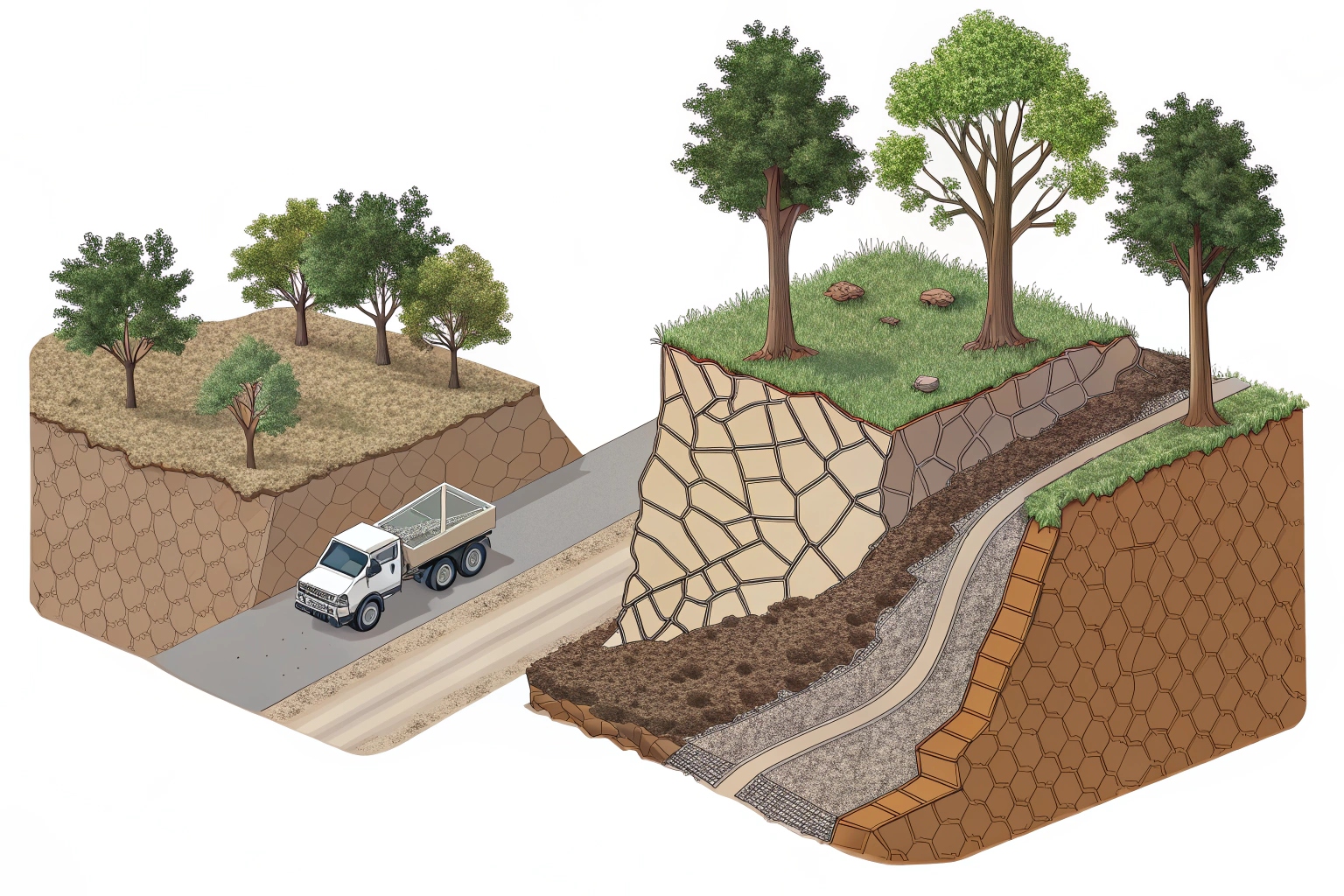 A side-by-side comparison of a 3D geocell panel and a 2D geogrid roll