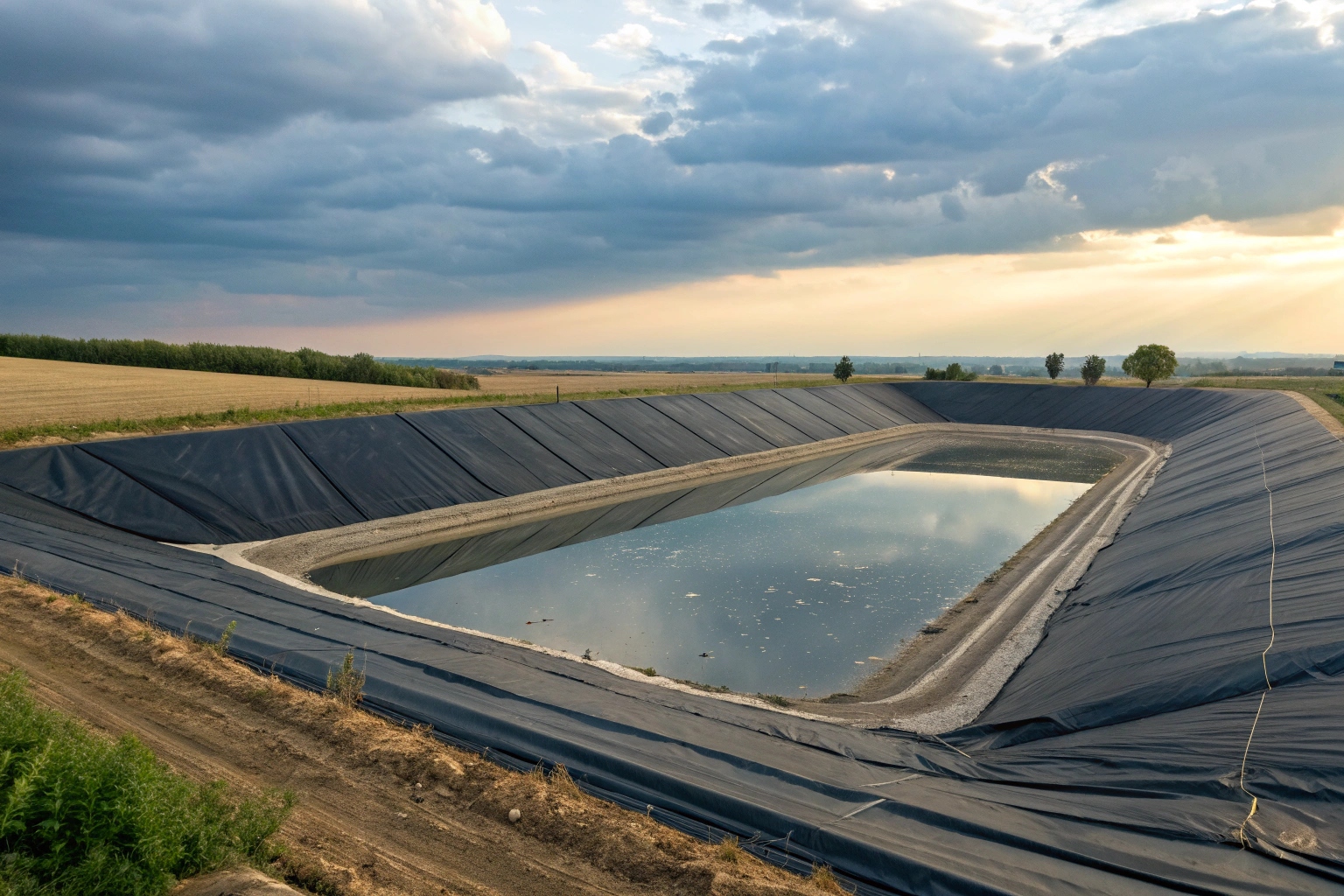 A cross-section diagram showing a geomembrane liner protecting the groundwater table from a landfill