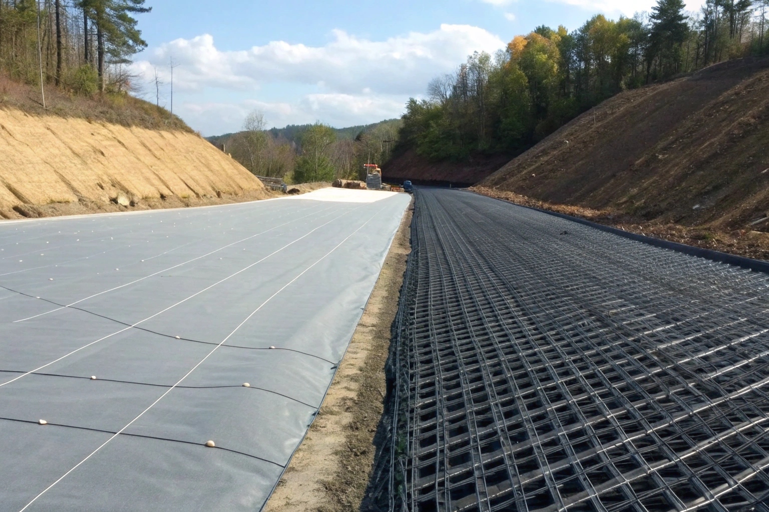 Geomembrane liner in a pond next to a roll of geogrid on a construction site