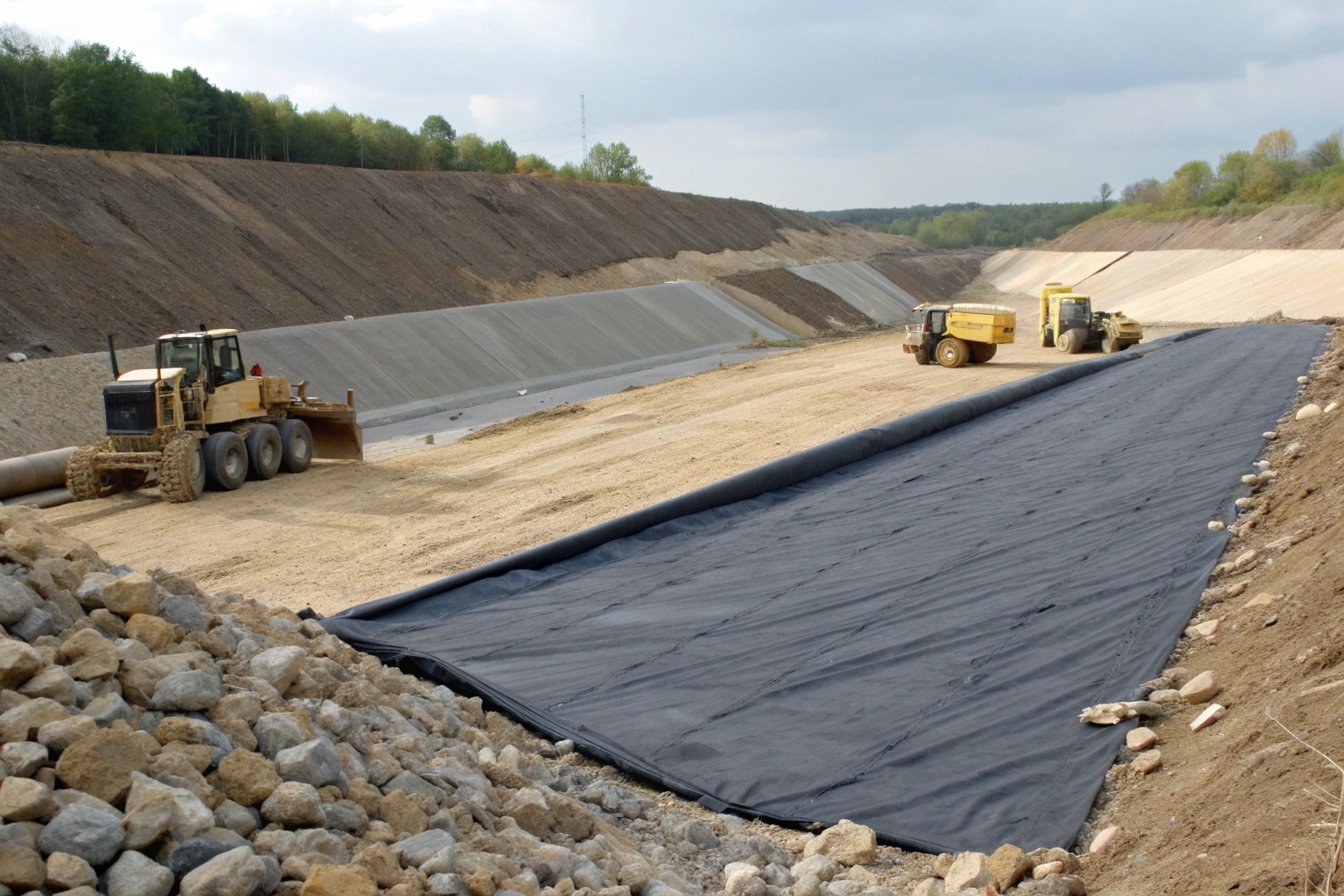 Diagram illustrating factors like subgrade condition, applied load, and UV exposure on a geomembrane liner