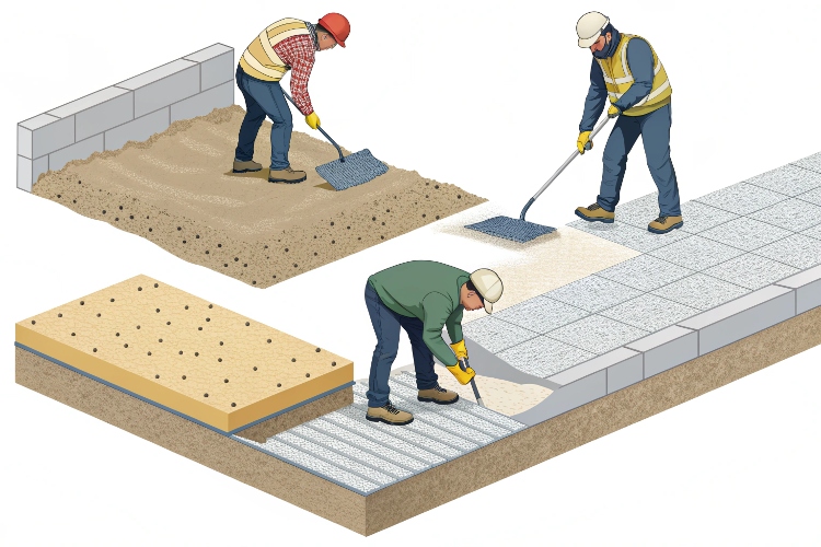 Workers using rakes and a plate compactor to level a subgrade