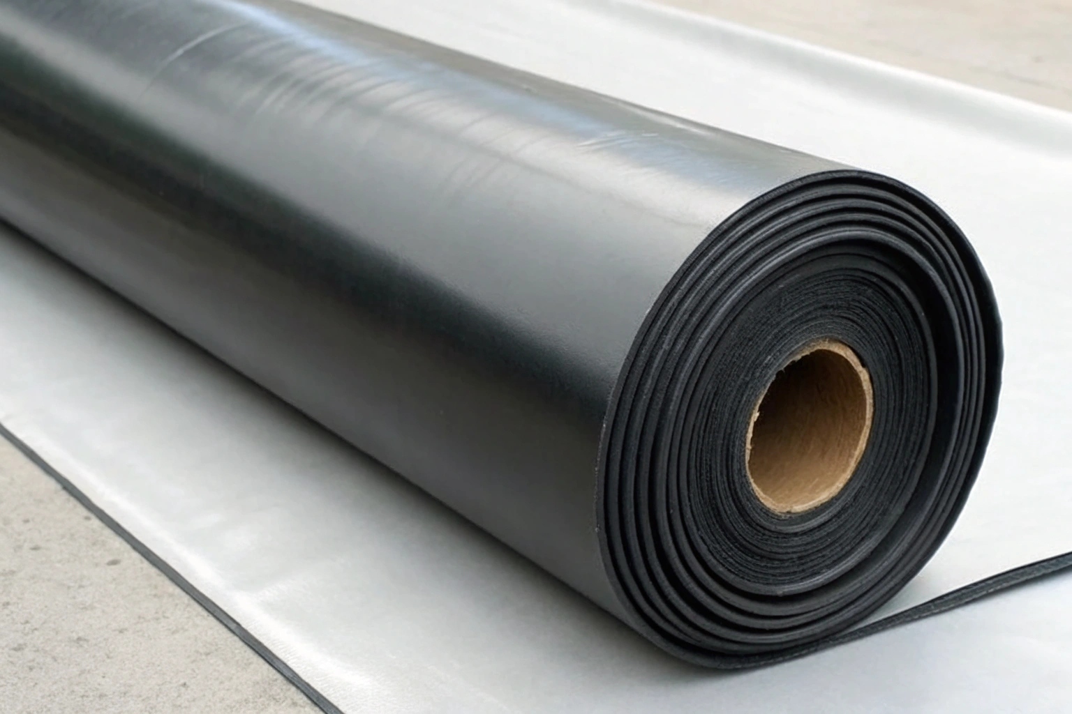 A quality control inspector examining a PVC geomembrane sample in a laboratory