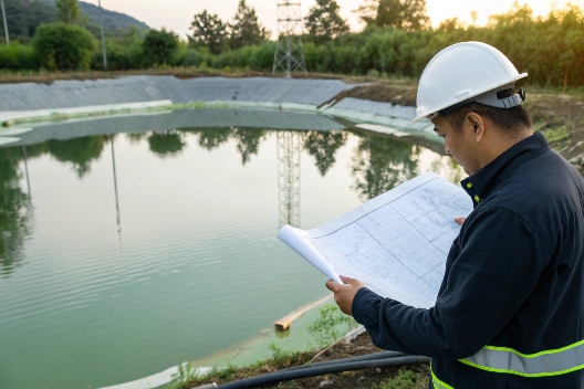 An engineer reviewing project blueprints and a geomembrane technical data sheet side-by-side