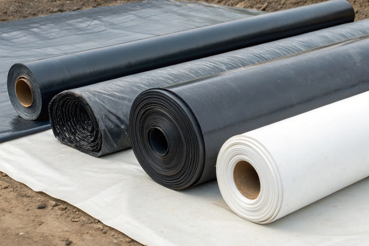 A decision tree graphic guiding the selection of HDPE, LLDPE, or PVC geomembrane