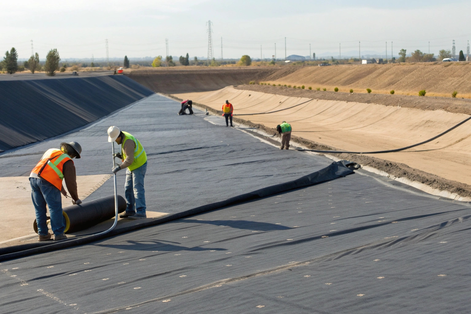An installation crew performing an air pressure test on a welded geomembrane seam