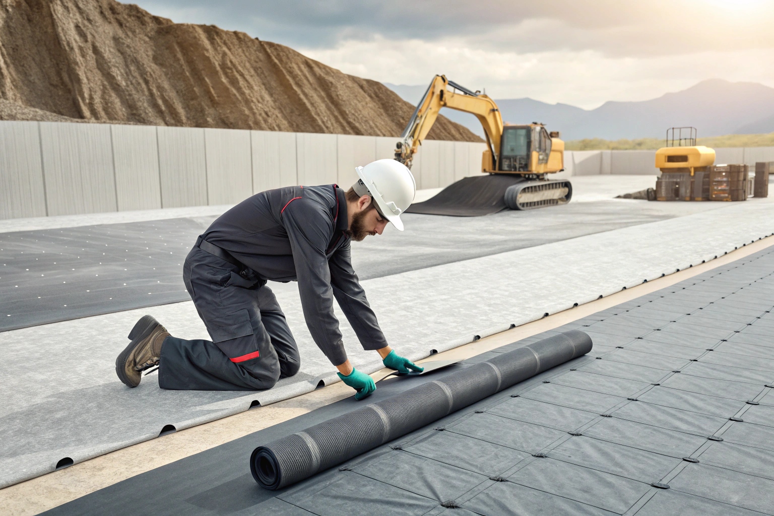 Technicians using a hot-wedge welder to seam two pieces of HDPE geomembrane