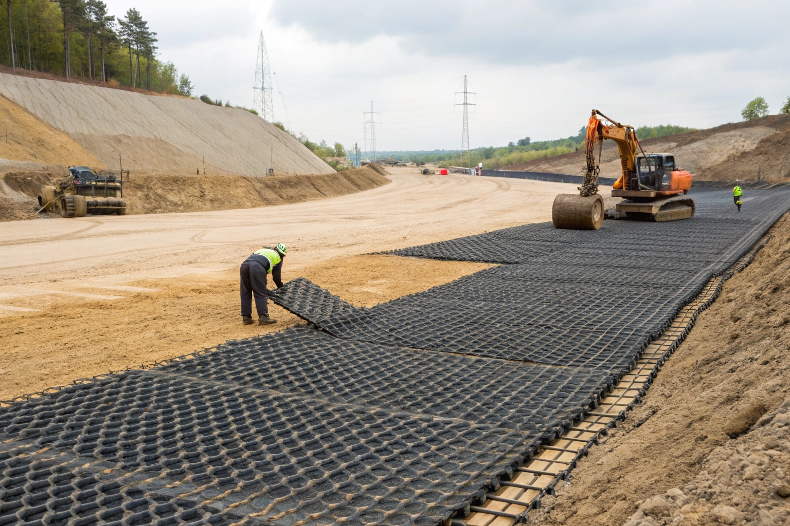 A diagram of a composite soil stabilization system showing a geocell base layer with a geogrid layer on top