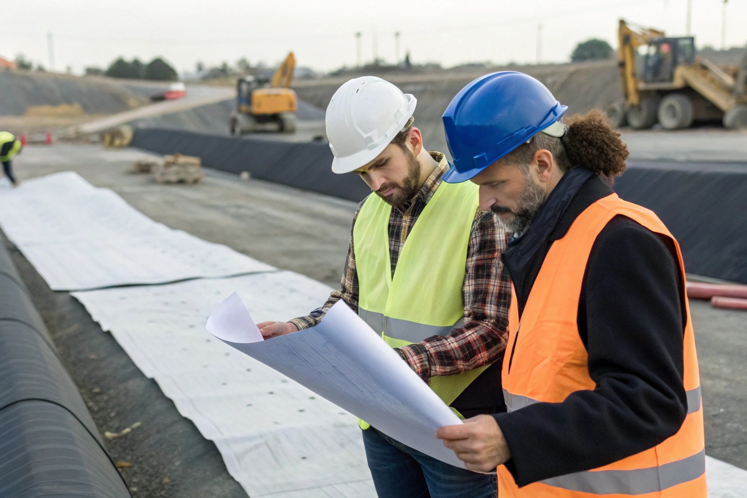 An engineer reviewing a Technical Data Sheet and Quality Control report for a geomembrane project