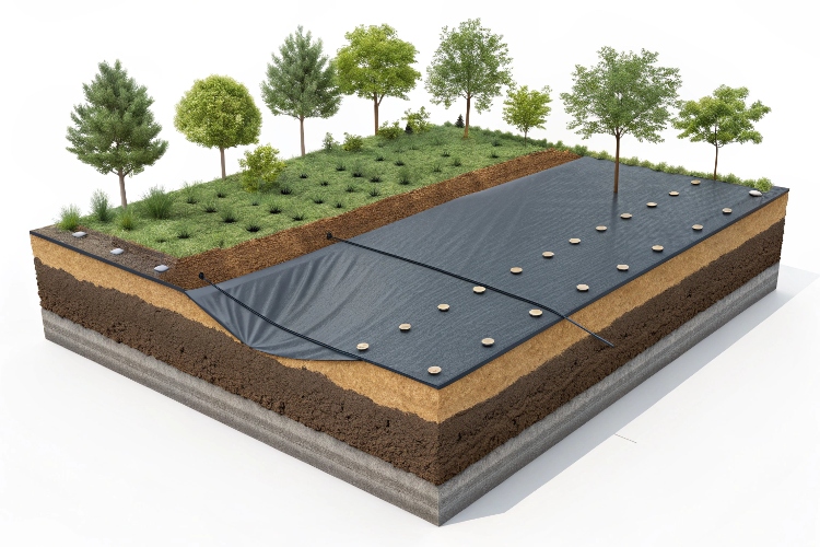 A cross-section diagram showing a properly installed geomembrane system with a protective geotextile cushion and a soil cover layer