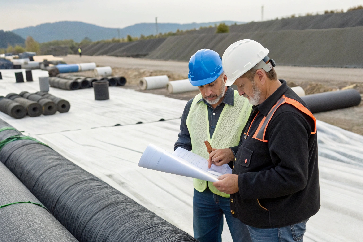 An engineer reviewing project blueprints and a technical data sheet to select the correct geosynthetic