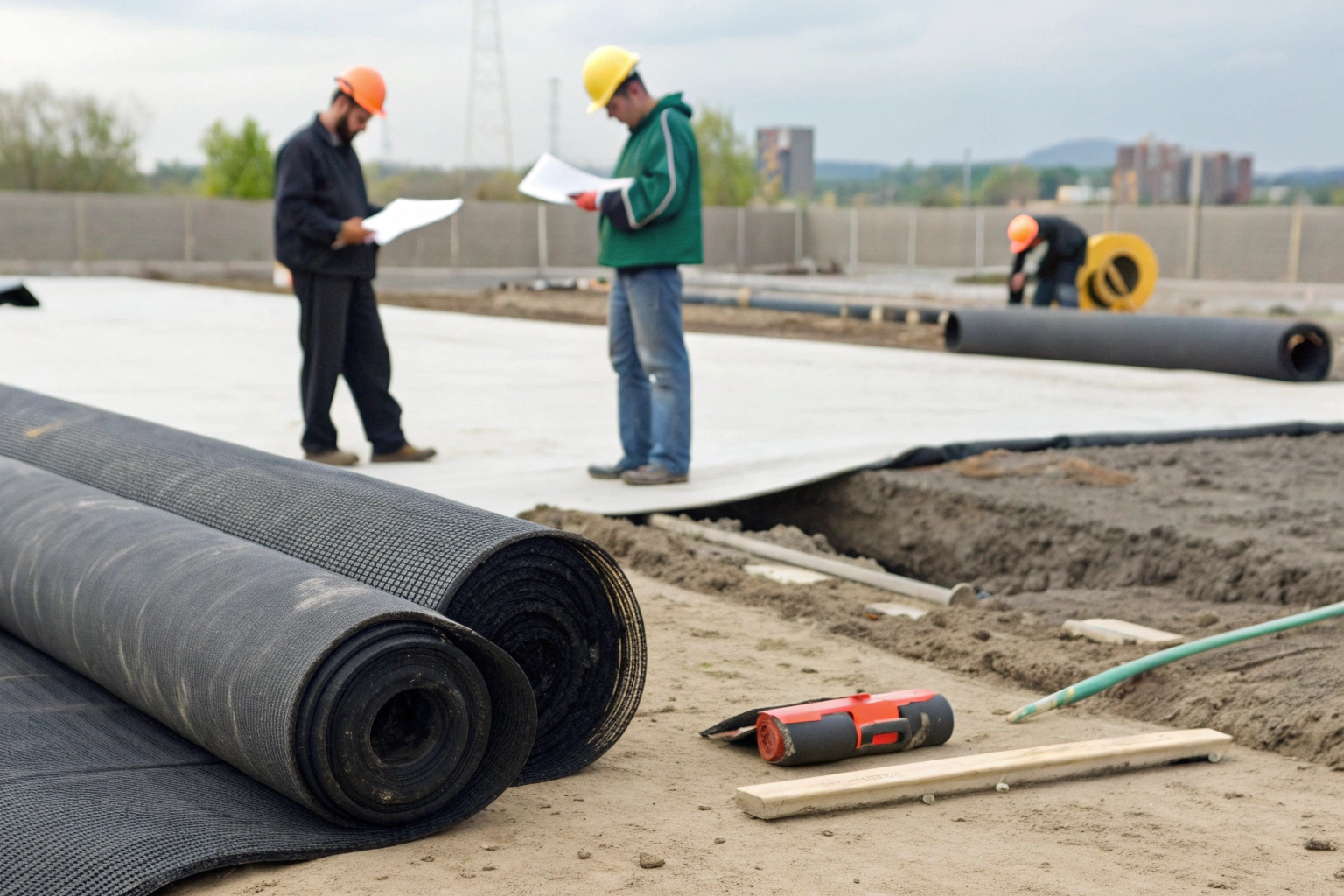 An engineer comparing technical data sheets for continuous filament and staple fiber geotextiles against project plans