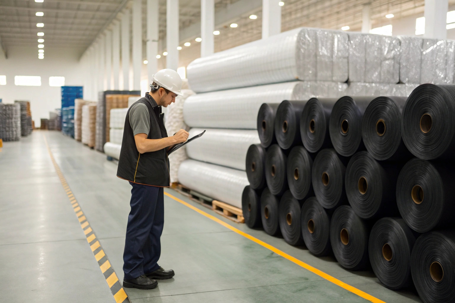 A quality control inspector checking the label and packaging of a geomembrane roll in a factory