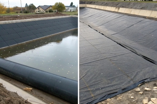 A lab test showing a geomembrane sample resisting a puncture test while a thinner pond liner sample tears