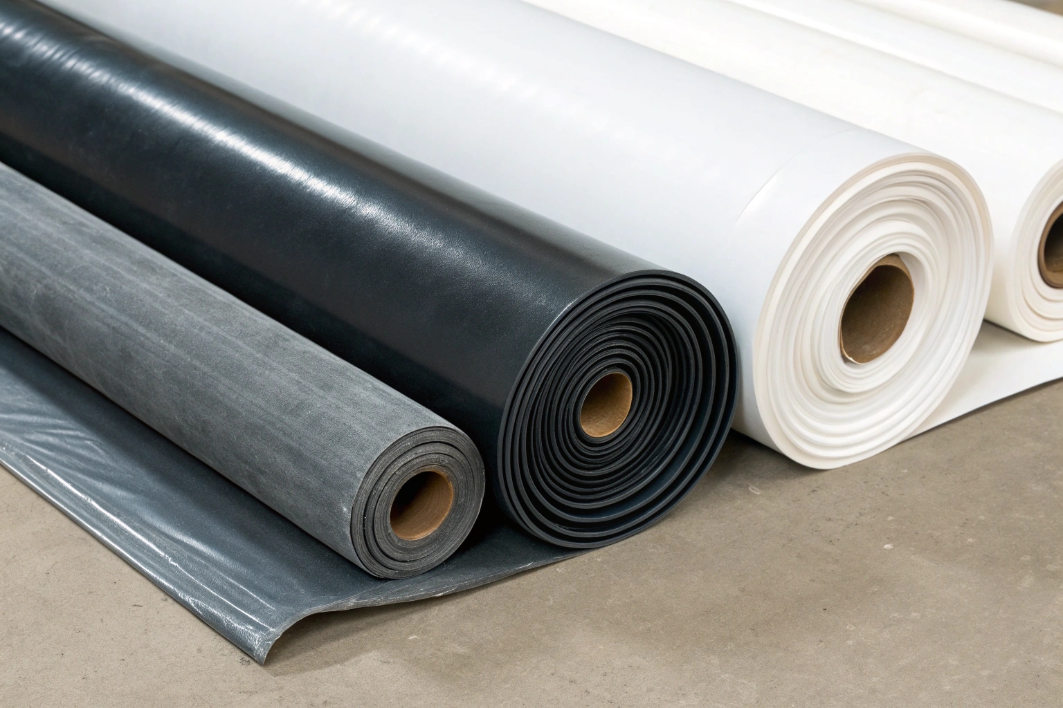 A chart comparing the flexibility and strength of HDPE, LLDPE, PVC, and EVA geomembranes
