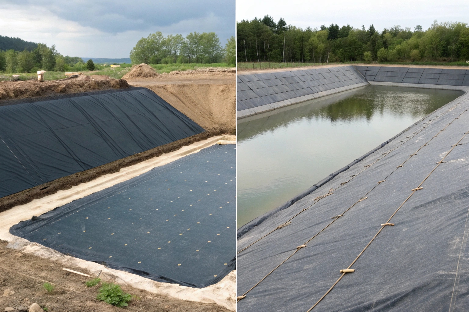 A split image showing an industrial landfill lined with a geomembrane and a decorative garden pond with a flexible pond liner