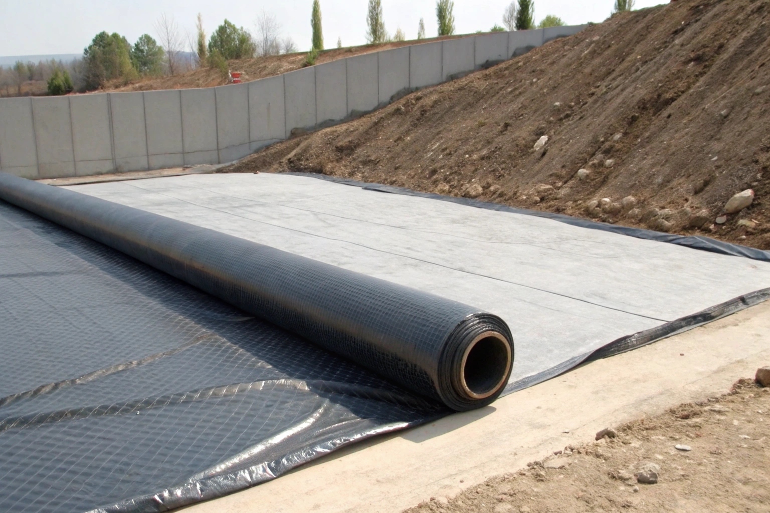 A cross-section image showing the layers of a textile-reinforced geomembrane
