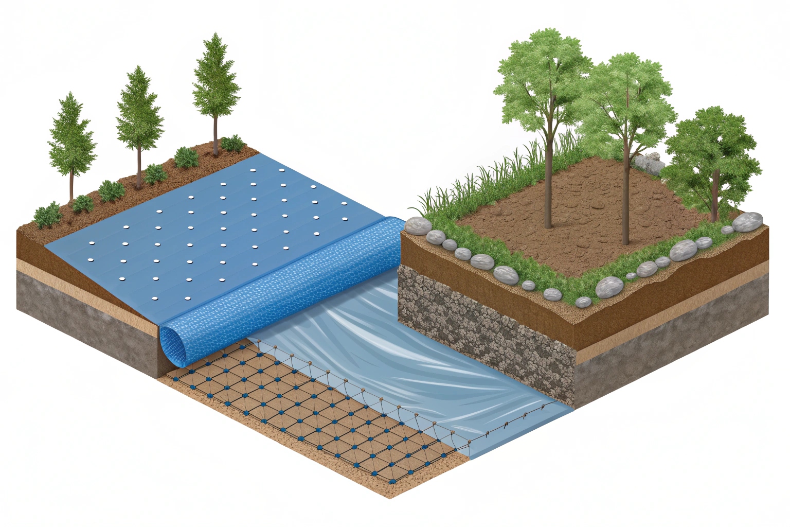 An infographic showing a geomembrane stopping water, a geotextile filtering water, and a geotextile reinforcing a soil slope