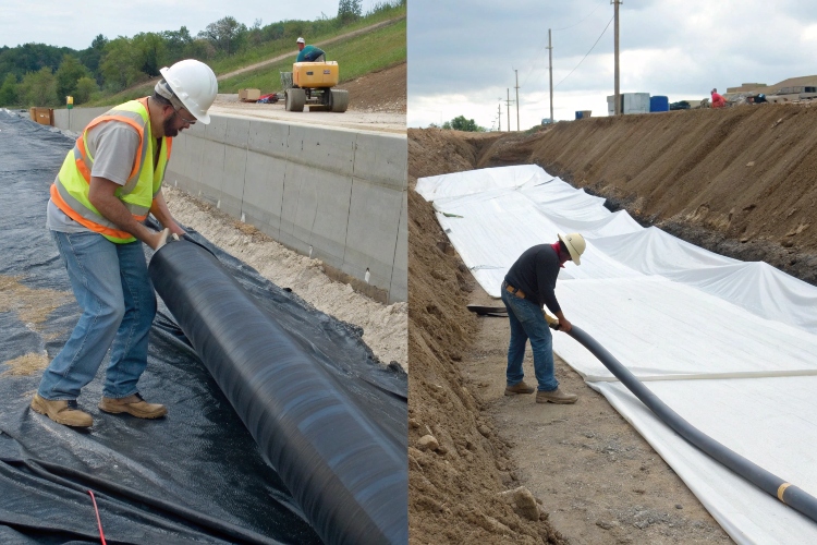 A split image showing a heavy-duty HDPE liner in a landfill cell and a flexible PVC liner conforming to a curved garden pond