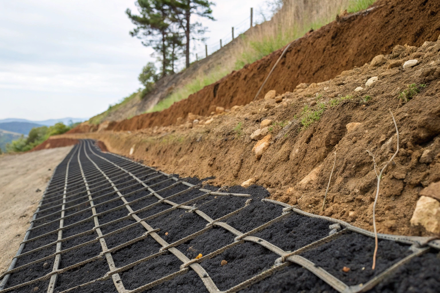 Diagram showing geogrid installed in layers to reinforce a roadway base