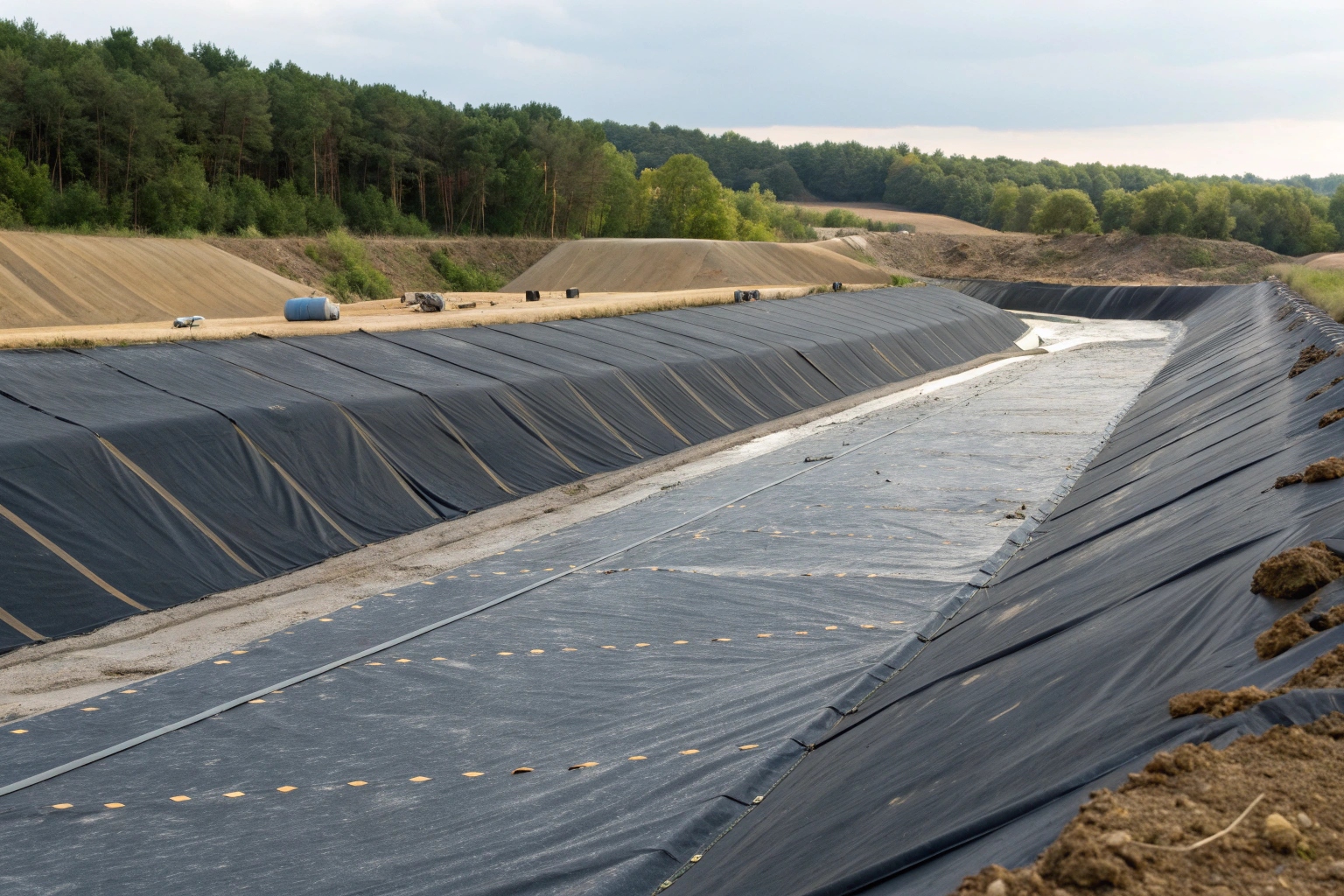 A diagram illustrating a composite liner system with a geomembrane, GCL, and leak detection layer