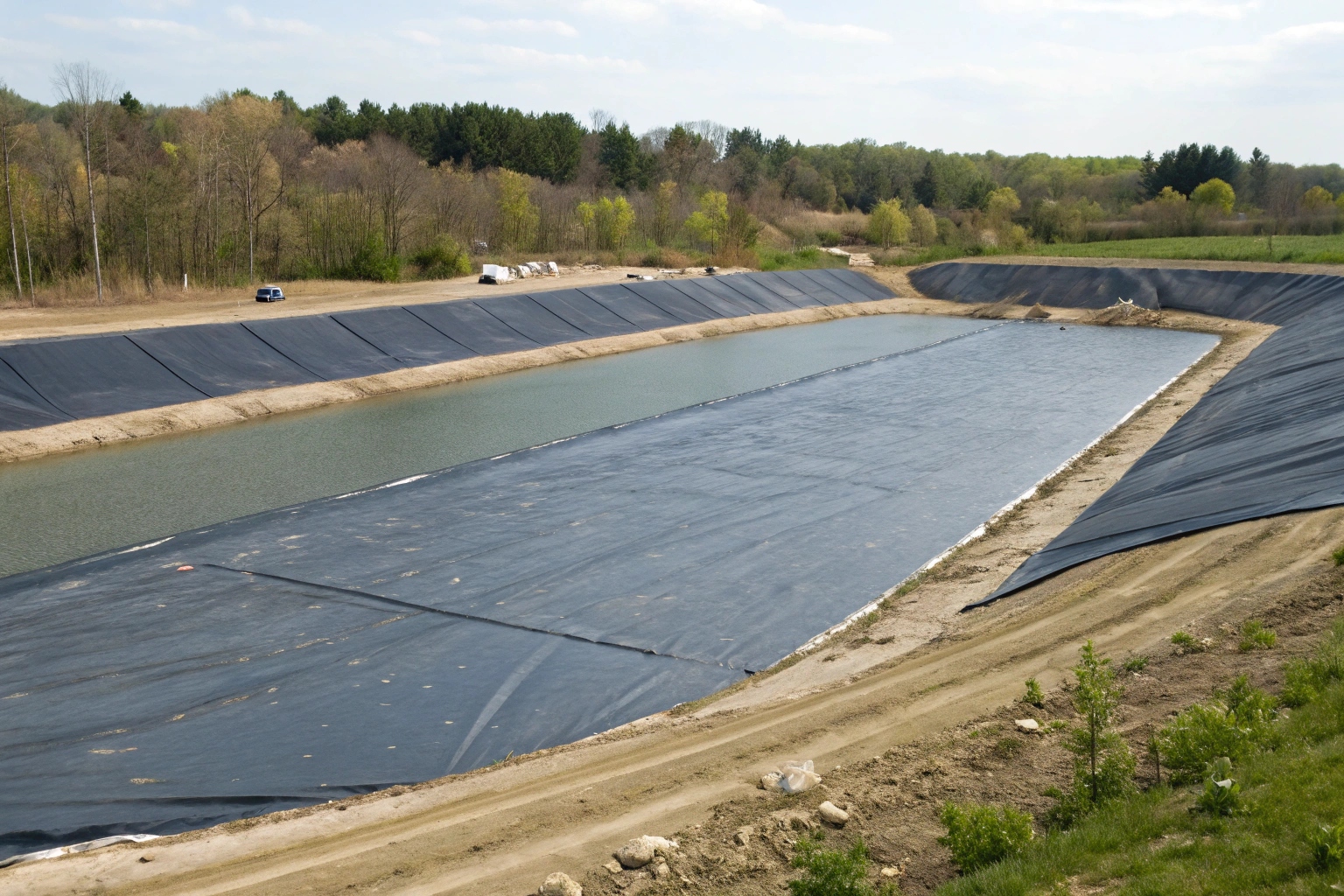Workers welding seams of a large HDPE geomembrane liner in a landfill cell