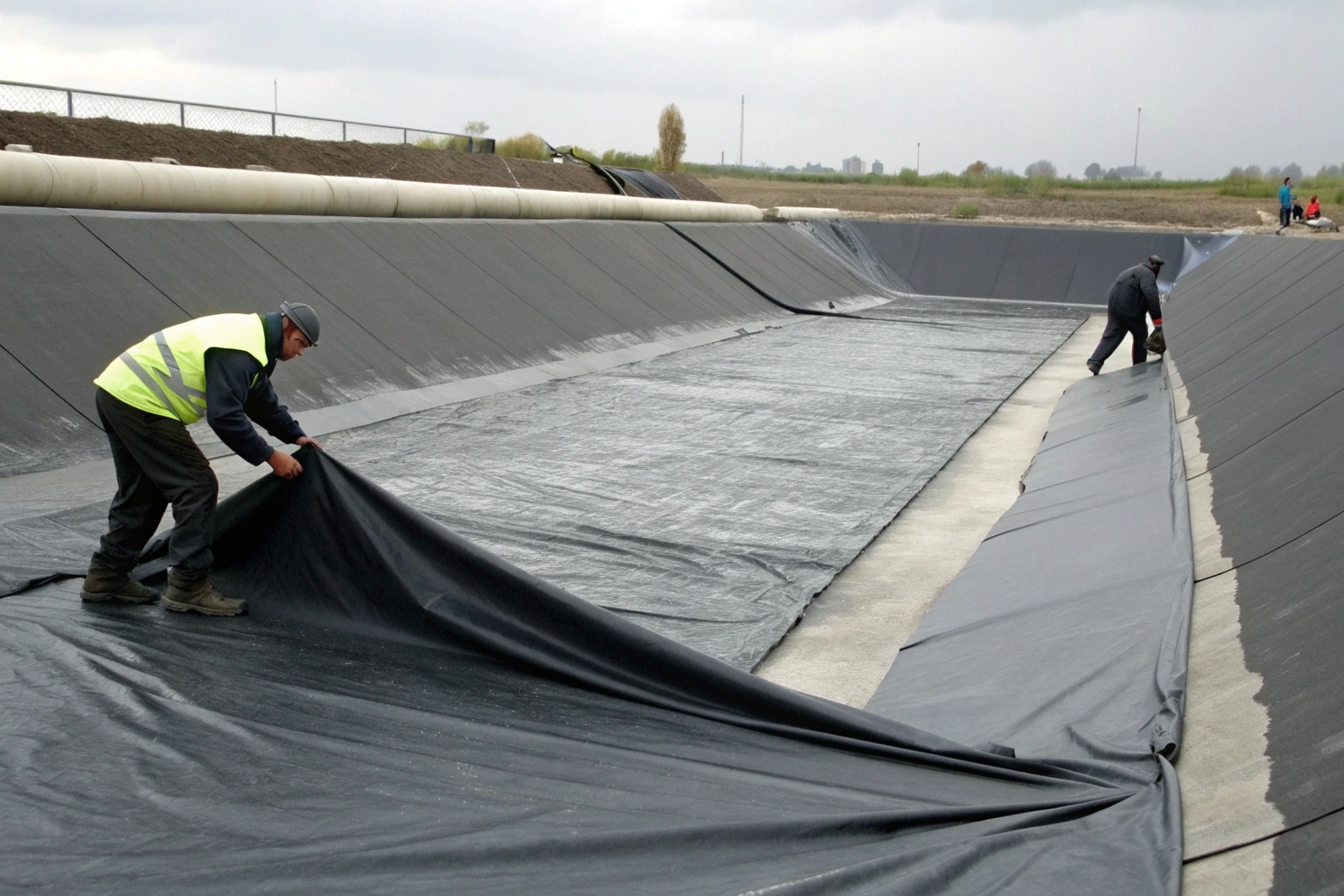 A large, prefabricated PVC panel being unfolded on a project site before installation