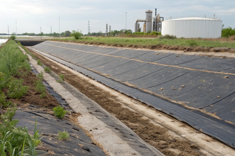 A buried geomembrane edge compared to a section of liner exposed to the sun