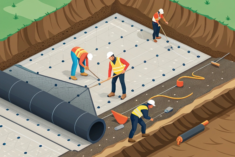 Installation crew welding two sheets of geomembrane together, showing the overlap