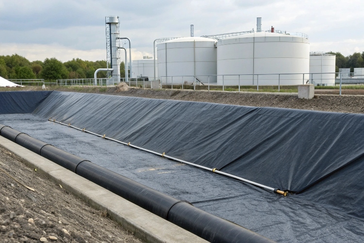A chart illustrating the projected lifespan of HDPE geomembrane under different temperature and exposure conditions