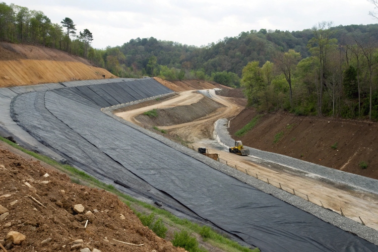 A photo of a large landfill cell under construction, clearly showing a white geotextile layer being installed over a black geomembrane liner
